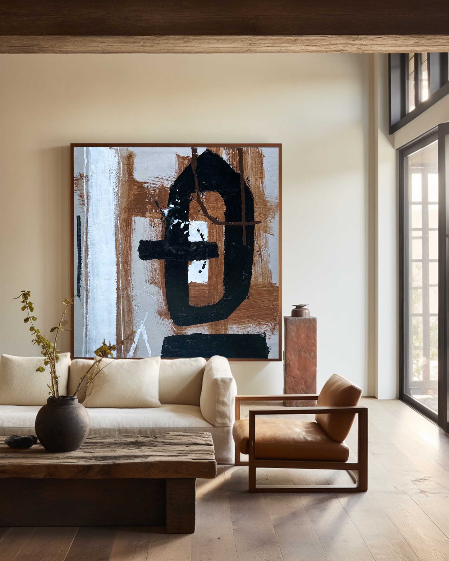 Contemporary Black Brown Abstract Oil Painting for Modern Home Decor