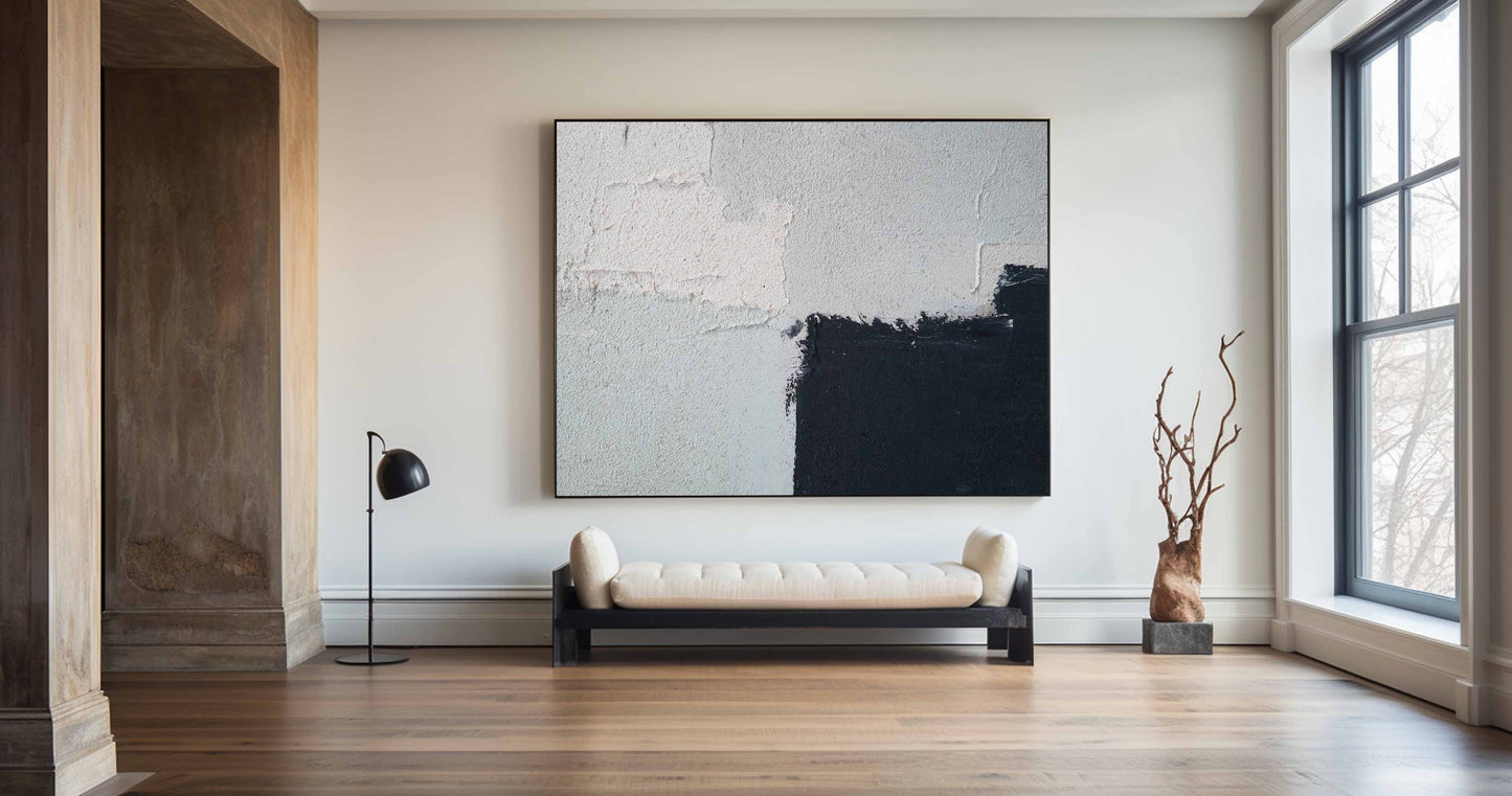 Contemporary Minimalist Abstract Oil Painting in Black and White Tones