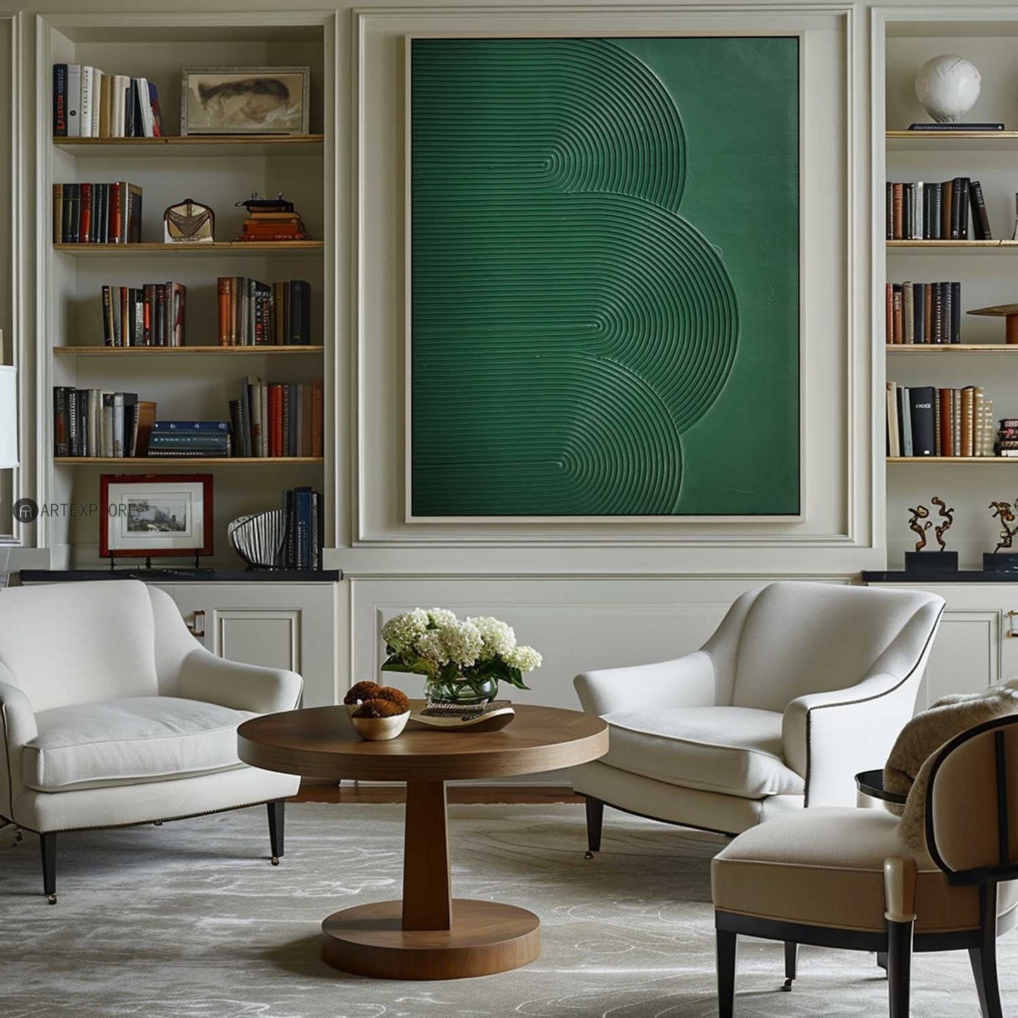 Lush Green Minimalist Oil Painting with Abstract Line Design for Modern Decor