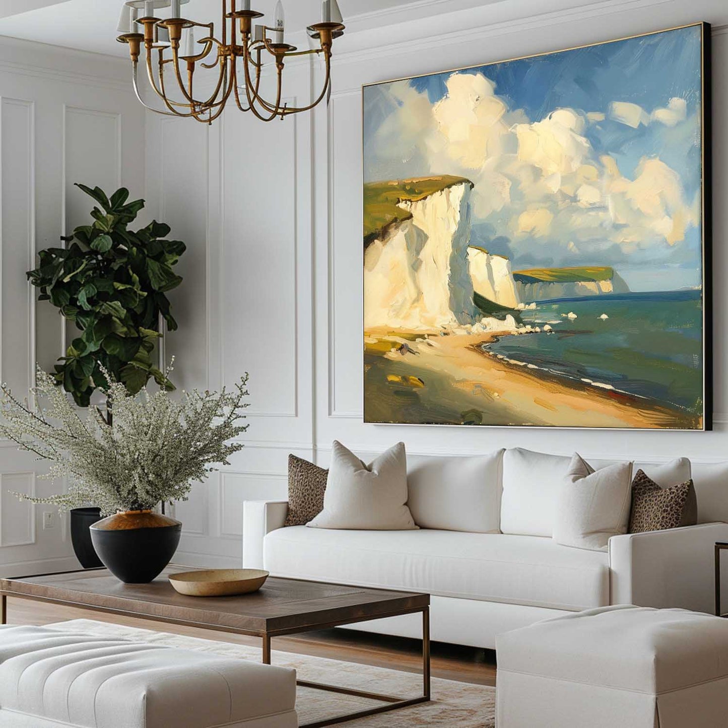 Coastal Serenity: Vibrant Oil Painting of Cliffs and Ocean Waves