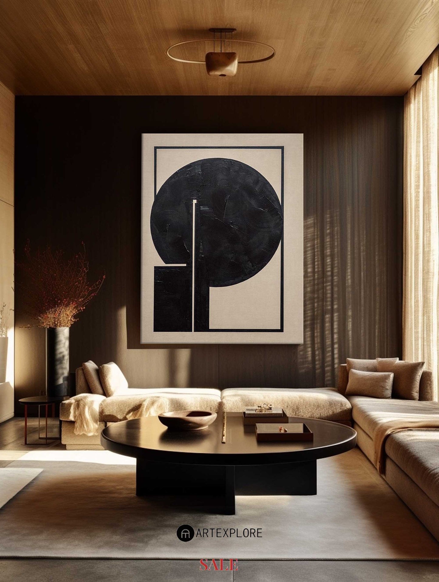 Bold Black Circle Modern Abstract Oil Painting for Contemporary Home Decor