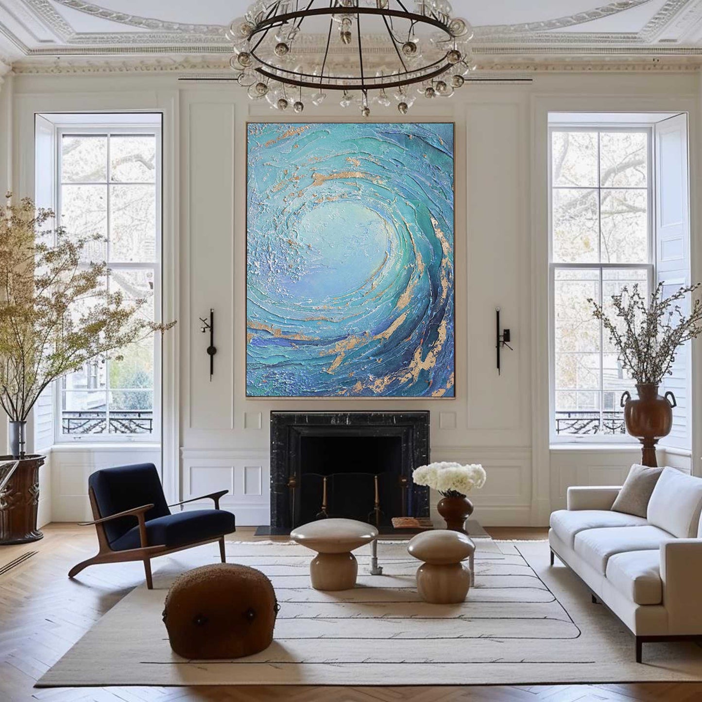 Dynamic Ocean Wave Oil Painting with Turquoise and Gold Accents