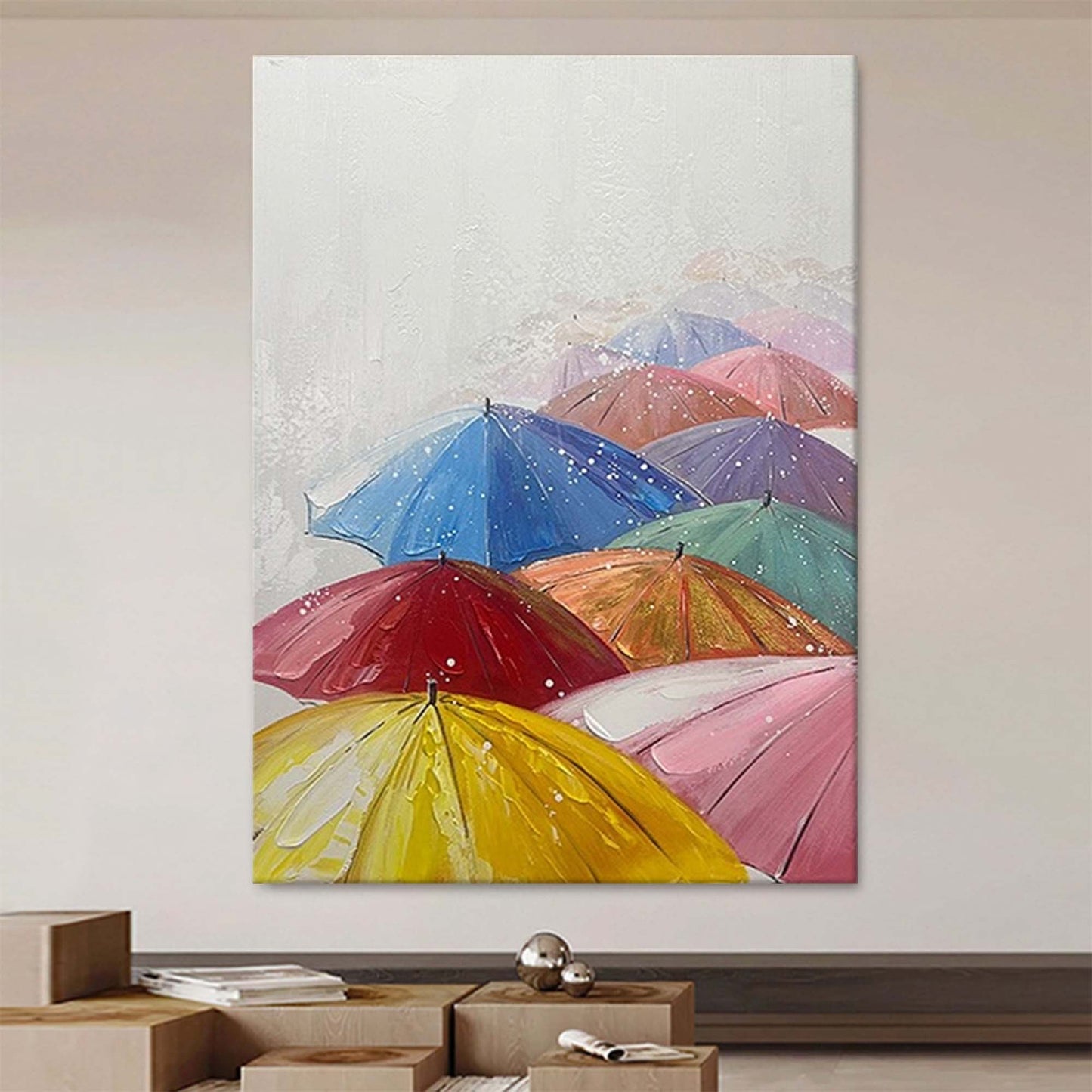 Colorful Umbrellas Abstract Oil Painting for Modern Home Decor
