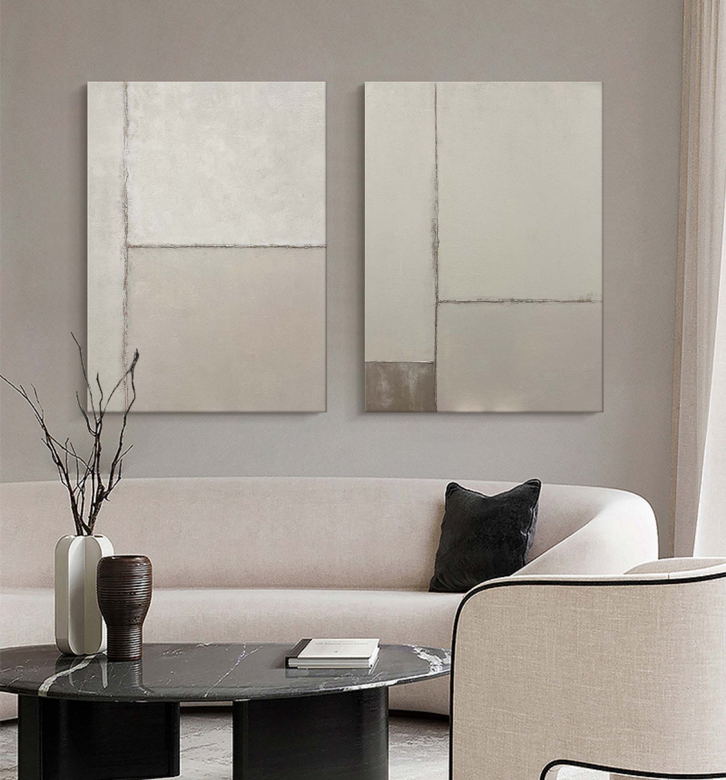 Contemporary Dual Panel Abstract Oil Painting in Soothing Neutral Tones