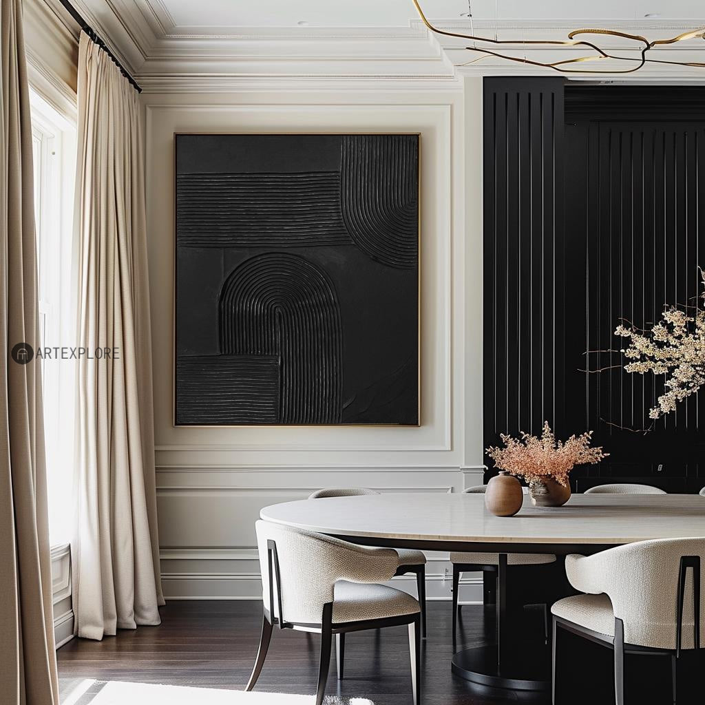 Elegant Black Minimalist Abstract Oil Painting for Modern Home Decor