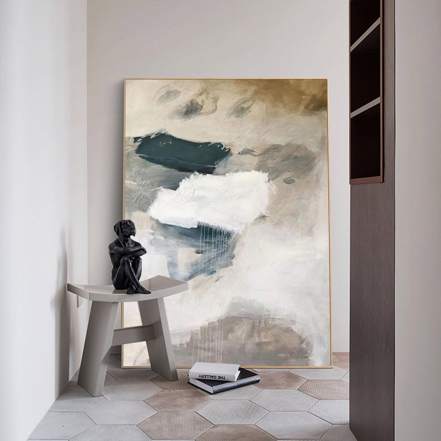Contemporary Minimalist Oil Painting with Neutral Tones and Abstract Forms