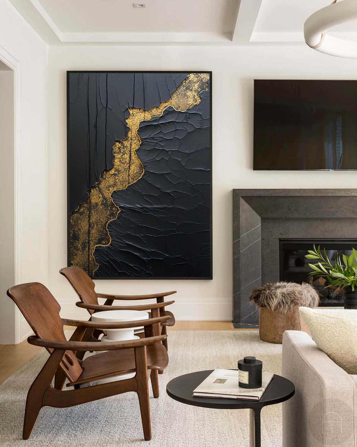 Elegant Black and Gold Minimalist Abstract Oil Painting for Modern Home Decor