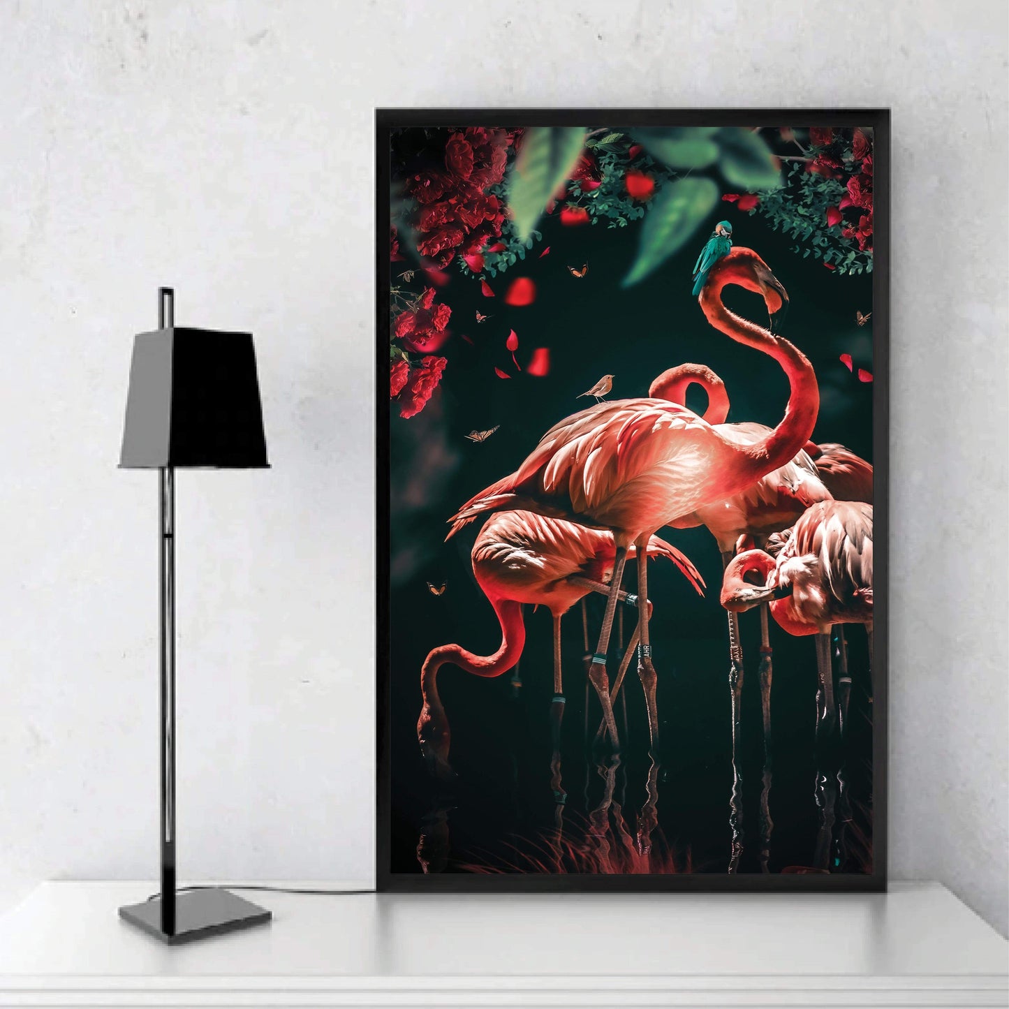 Elegant Flamingo Oil Painting with Vibrant Floral Accents for Modern Décor