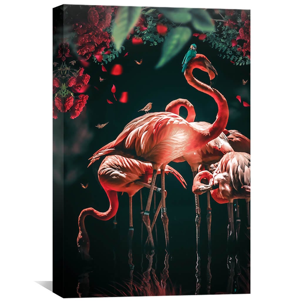 Elegant Flamingo Oil Painting with Vibrant Floral Accents for Modern Décor