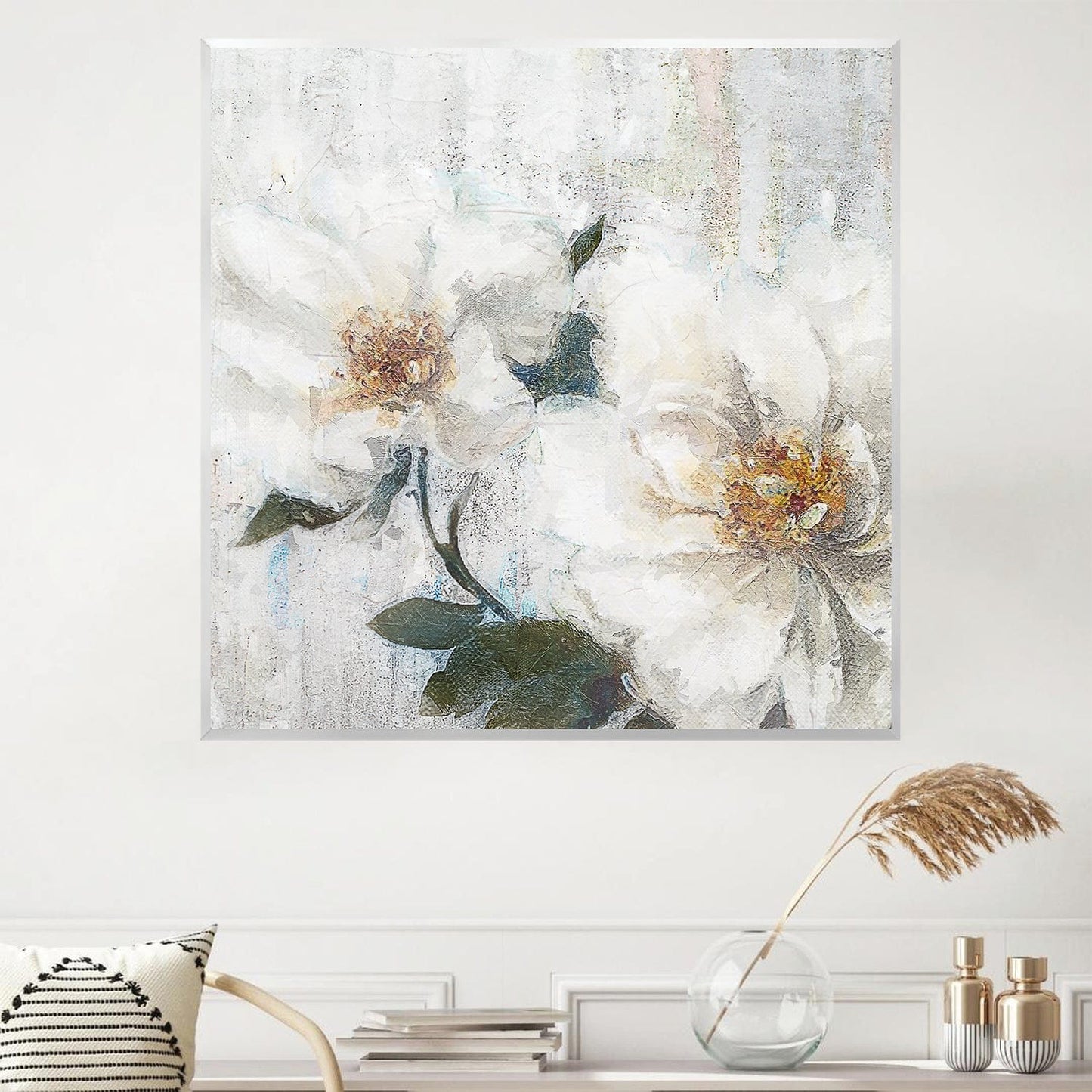 Elegant White Floral Oil Painting for Modern Home Decor