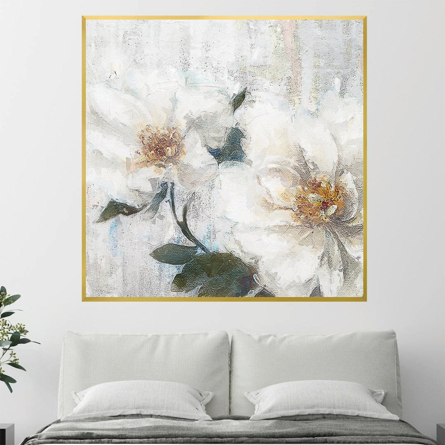 Elegant White Floral Oil Painting for Modern Home Decor
