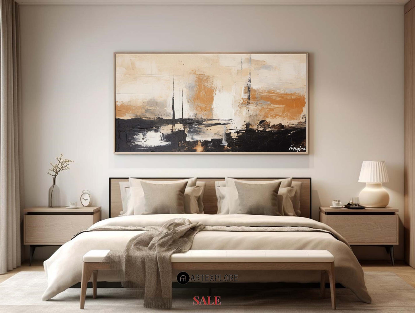 Contemporary Black and Beige Abstract Oil Painting for Modern Decor