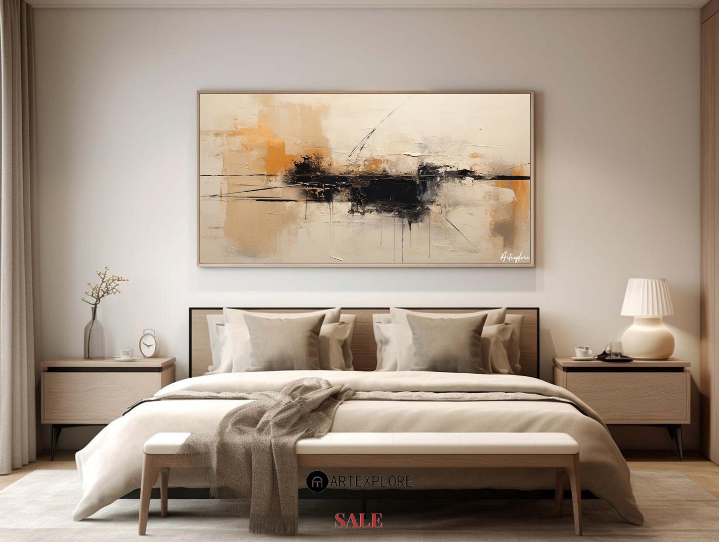 Contemporary Abstract Oil Painting in Warm Tones and Bold Black Accents