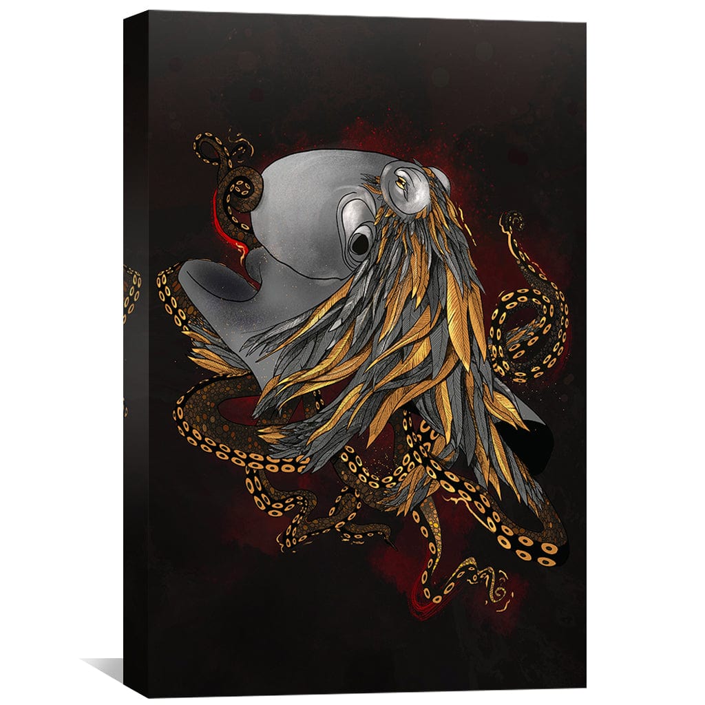Abstract Feathered Octopus on Dark Background - Unique Oil Painting Art