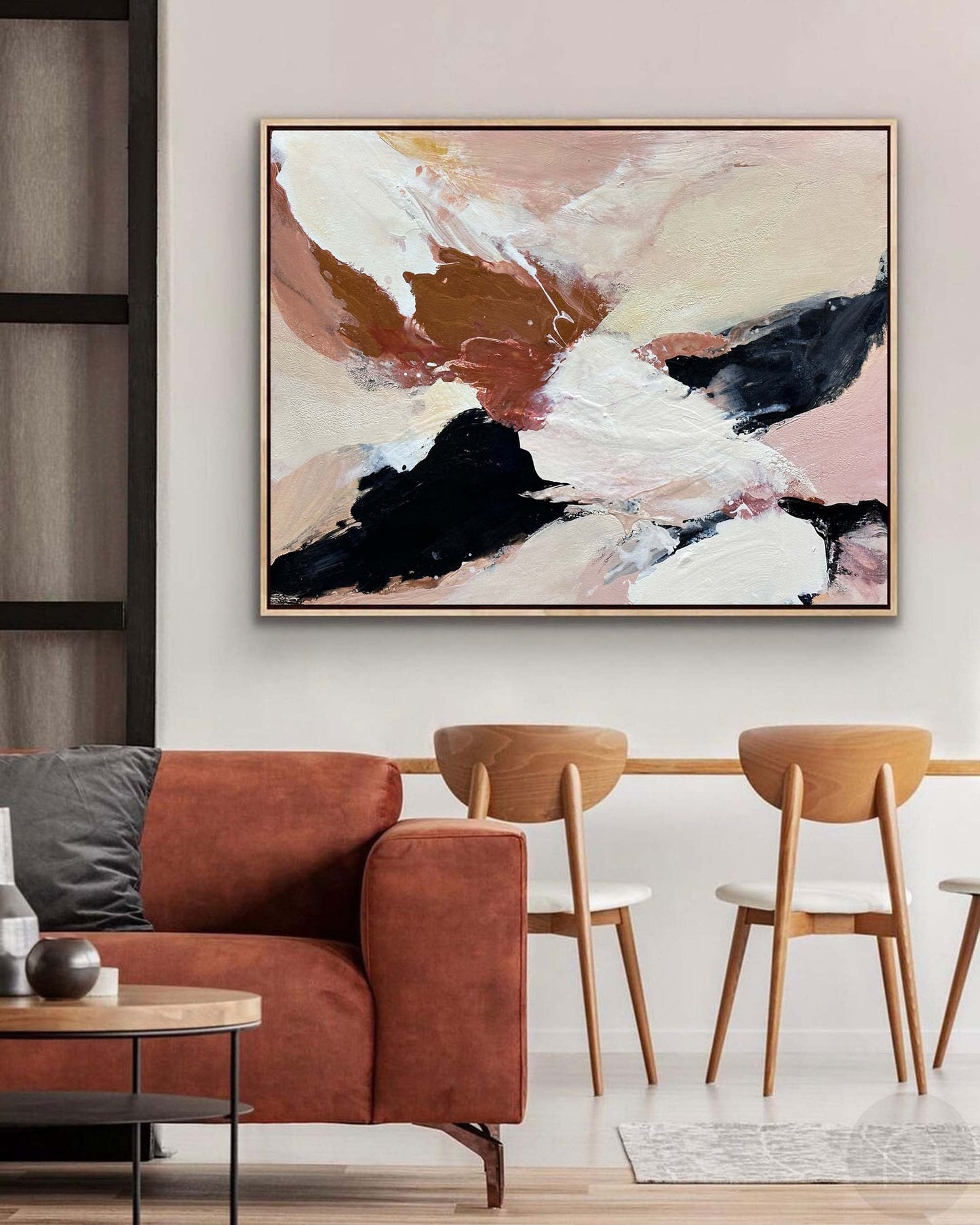 Contemporary Abstract Oil Painting in Soft Neutrals and Bold Contrasts