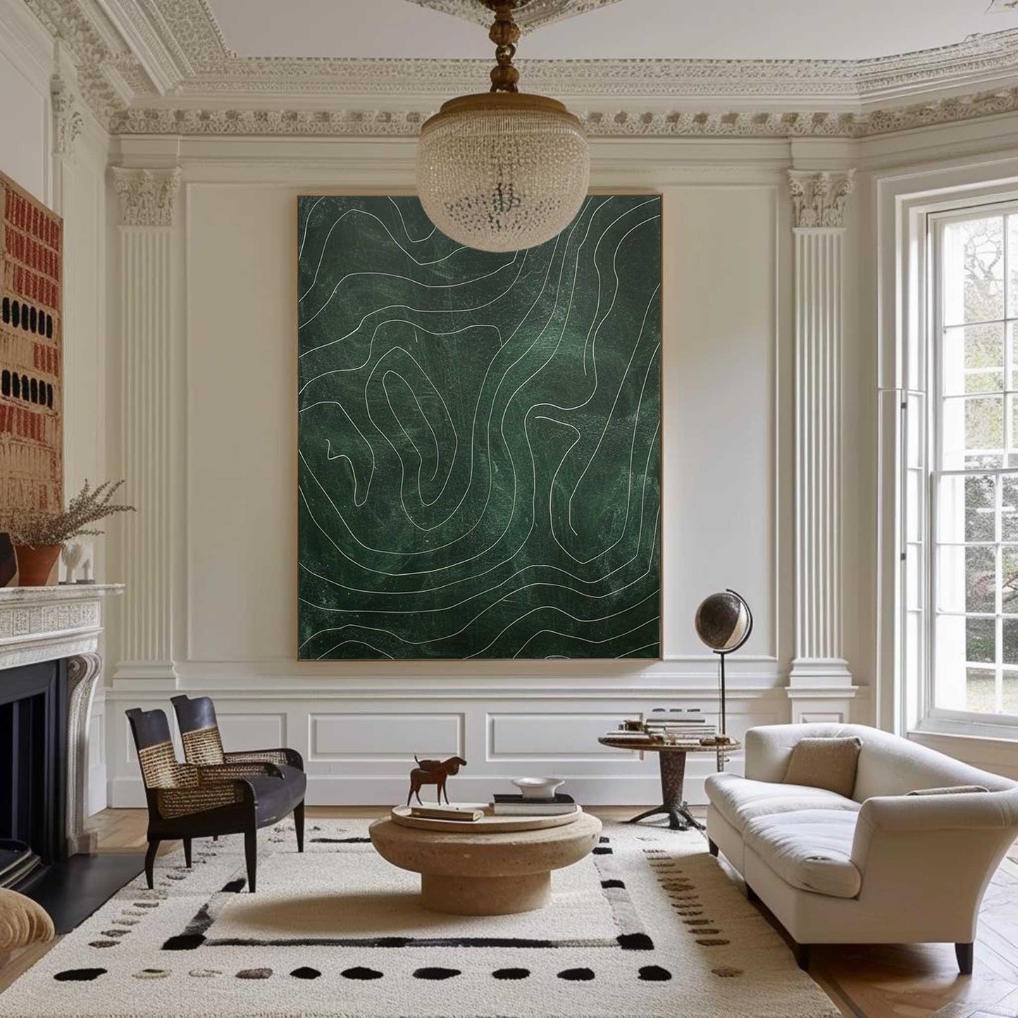 Contemporary Green Abstract Oil Painting with Dynamic Line Work
