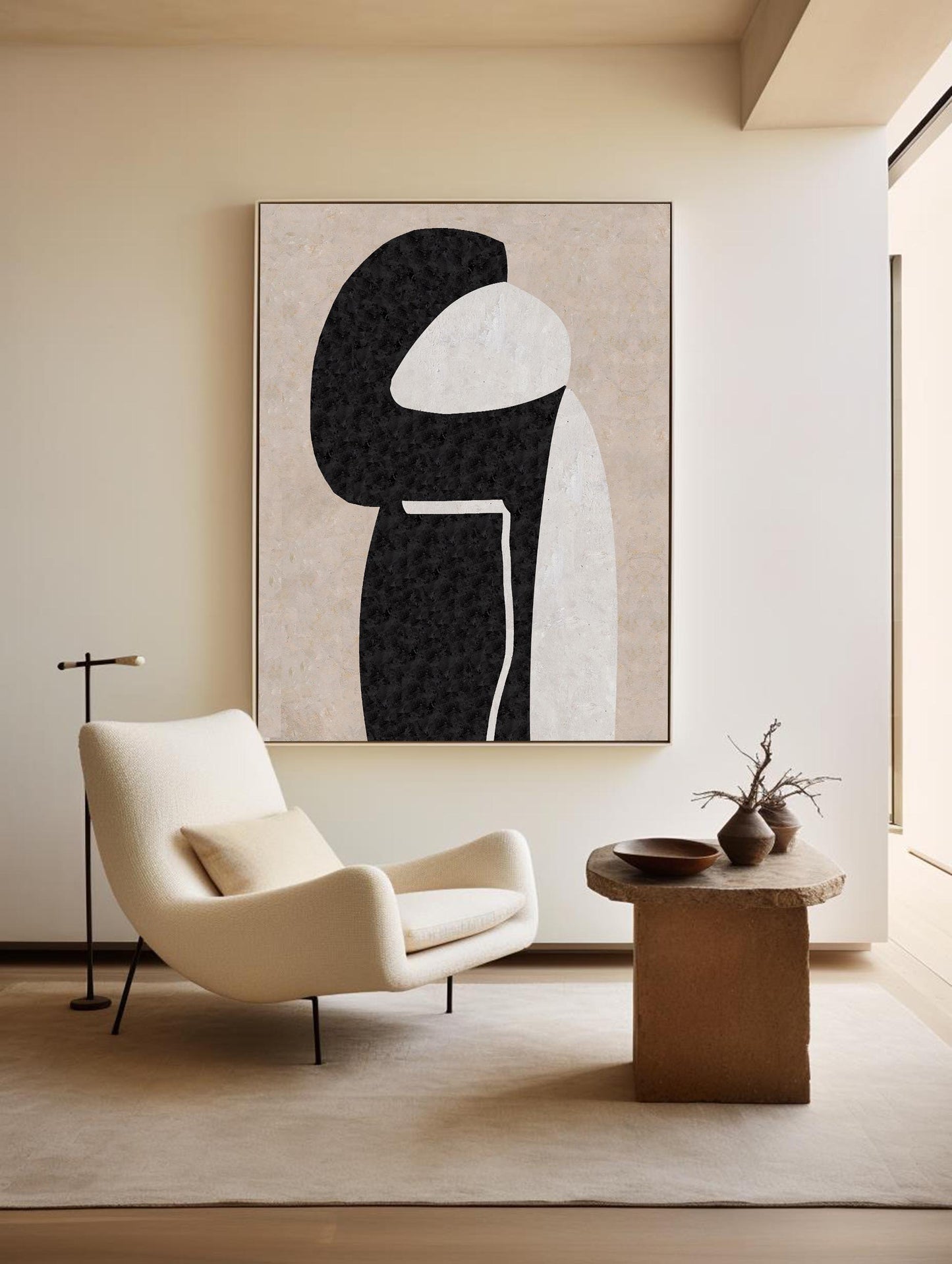 Modern Beige and Black Minimalist Abstract Oil Painting for Contemporary Decor