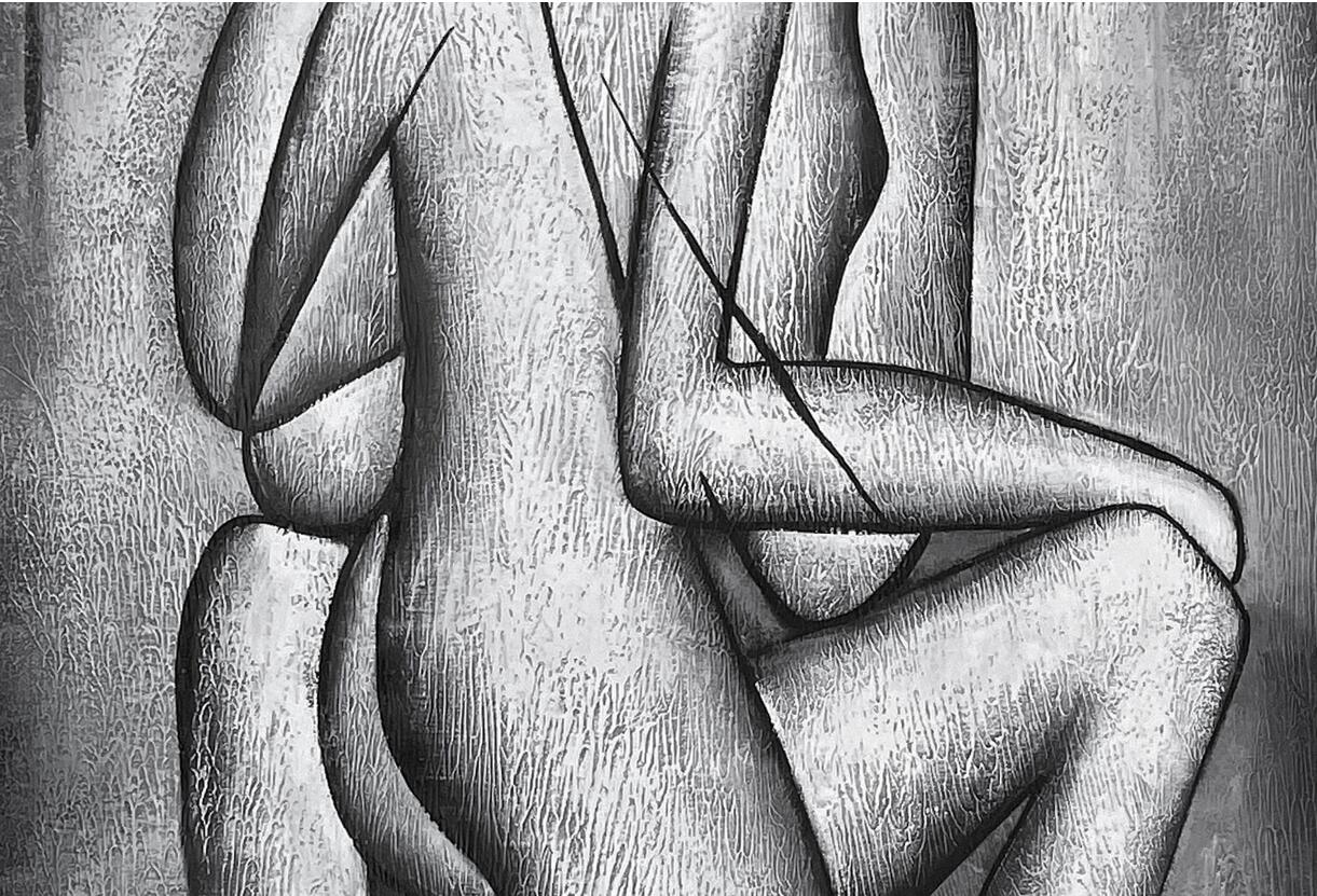 Contemporary Abstract Oil Painting of Two Figures Embracing in Shadows