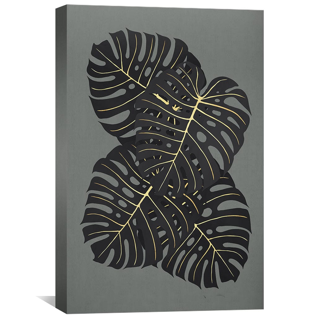 Abstract Tropical Leaves Oil Painting with Gold Accents for Modern Decor
