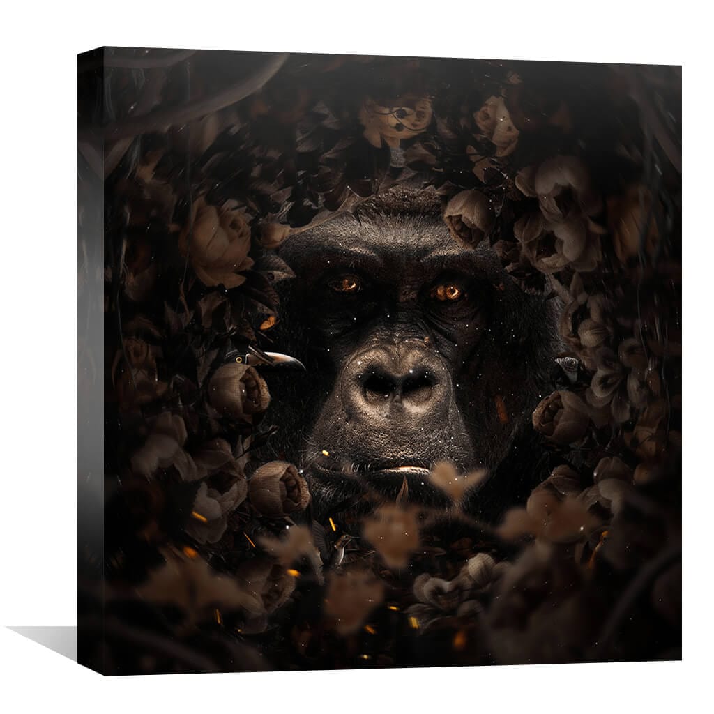 Majestic Gorilla Surrounded by Floral Elegance - Stunning Oil Painting