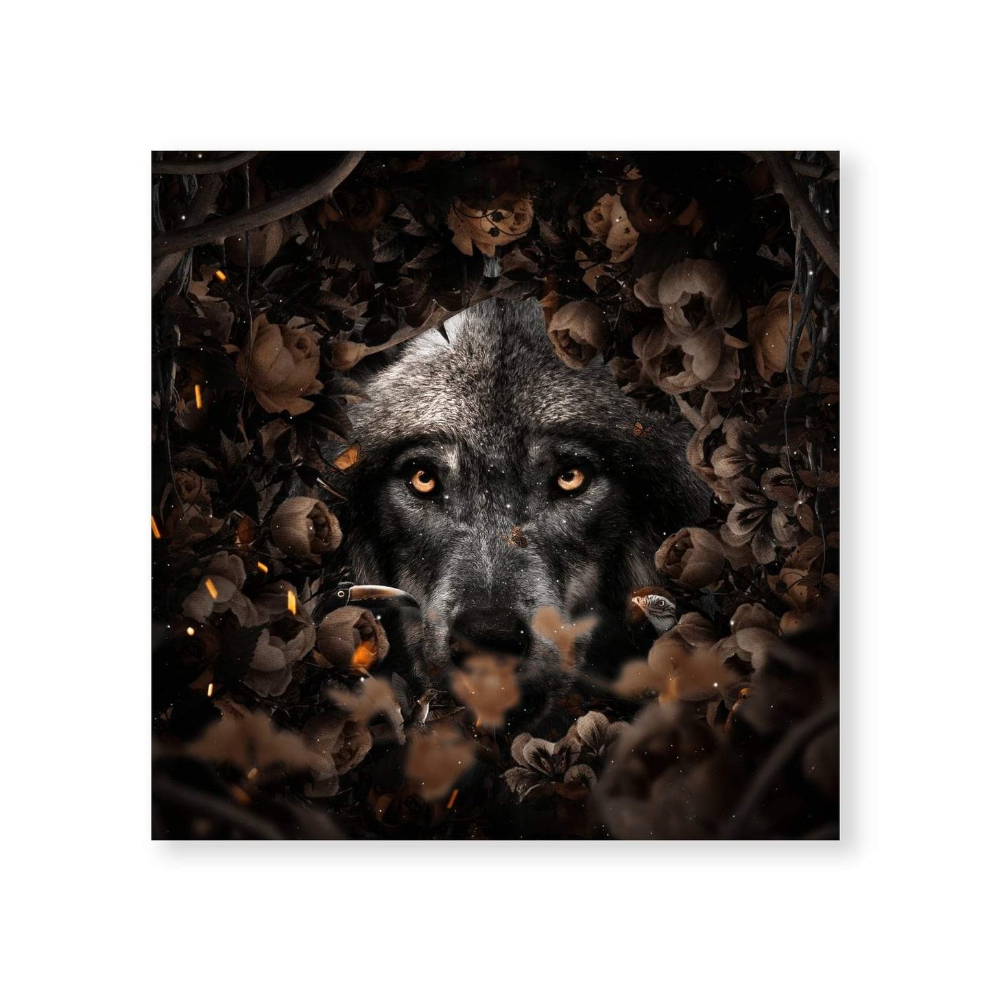 Majestic Wolf Among Enchanted Floral Canvas Art - Dark Nature Inspired Painting