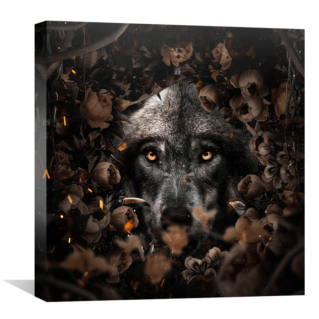Majestic Wolf Among Enchanted Floral Canvas Art - Dark Nature Inspired Painting