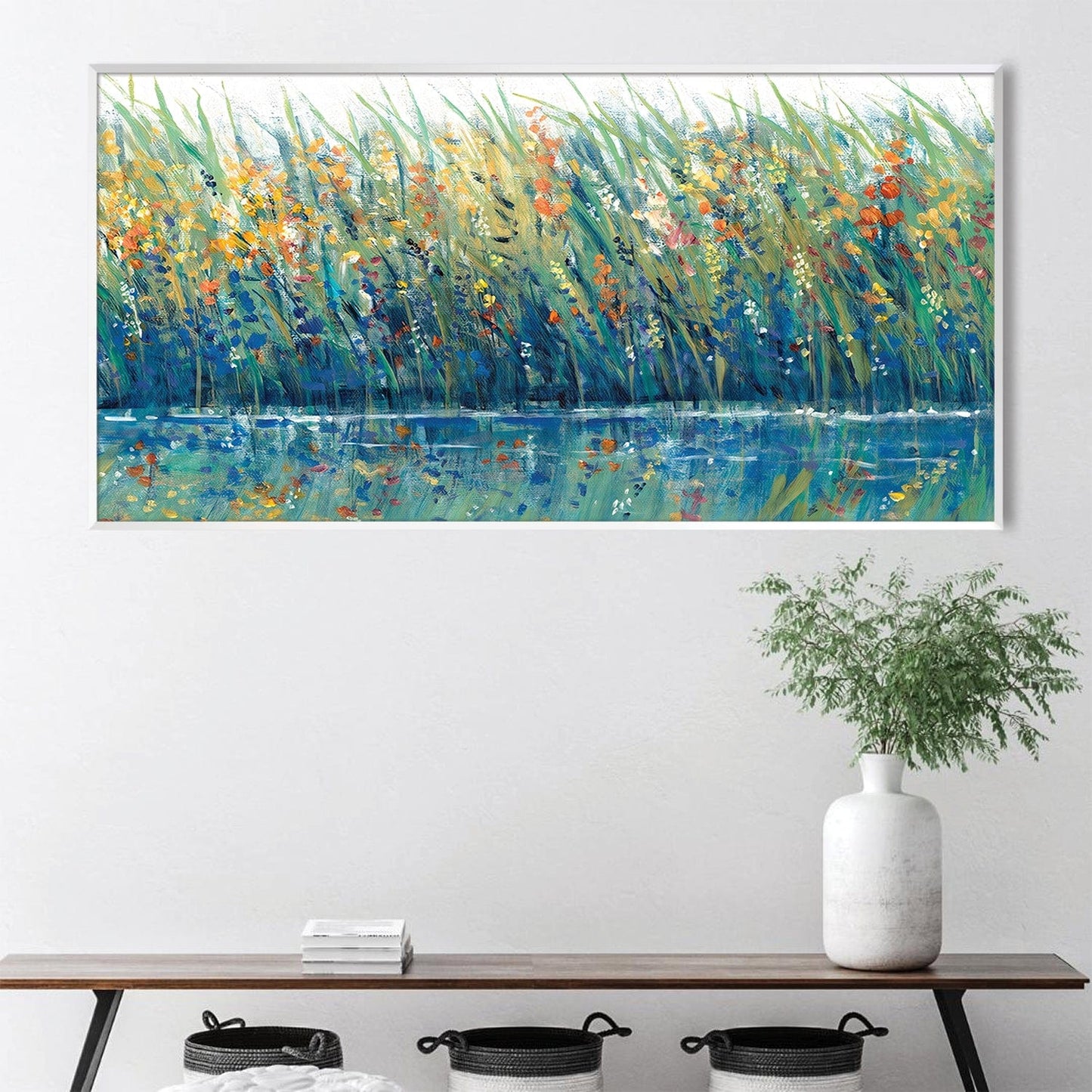 Vibrant Floral Landscape Oil Painting with Reflections in Tranquil Waters