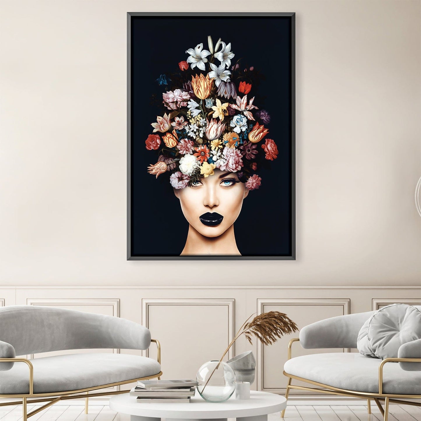 Floral Elegance: A Stunning Oil Painting of a Woman with Flower Crown Decor