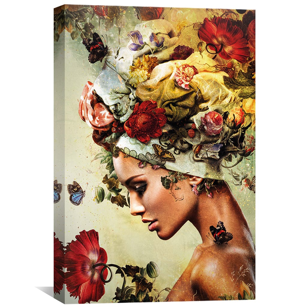 Floral Elegance: Captivating Oil Painting of a Woman Adorned with Blooms and Butterflies