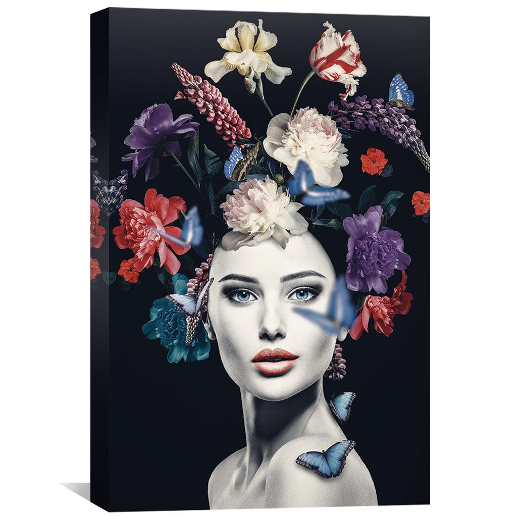 Elegant Flower Woman Oil Painting with Butterflies and Vibrant Flora