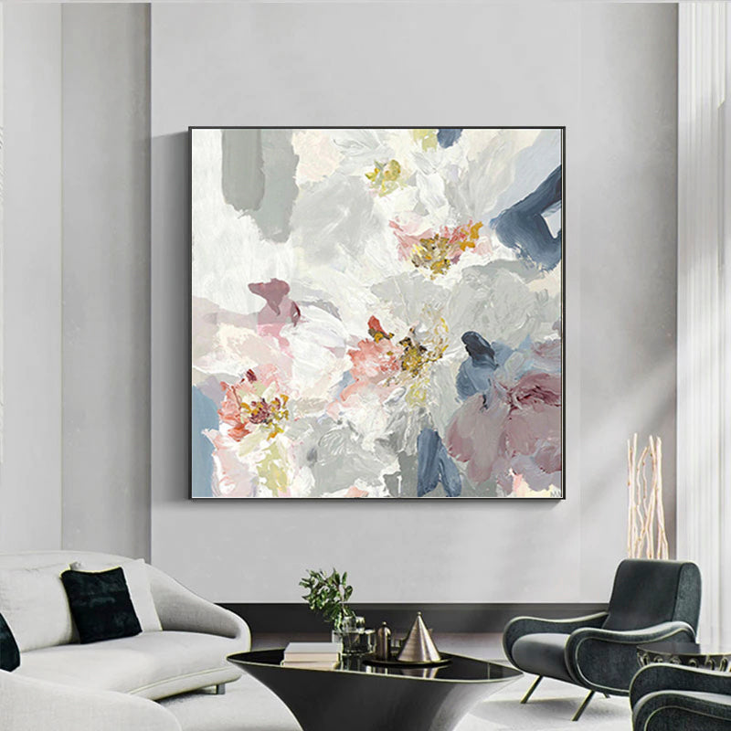 Elegant Floral Oil Painting with Soft Pastels and Bold Textures for Home Decor