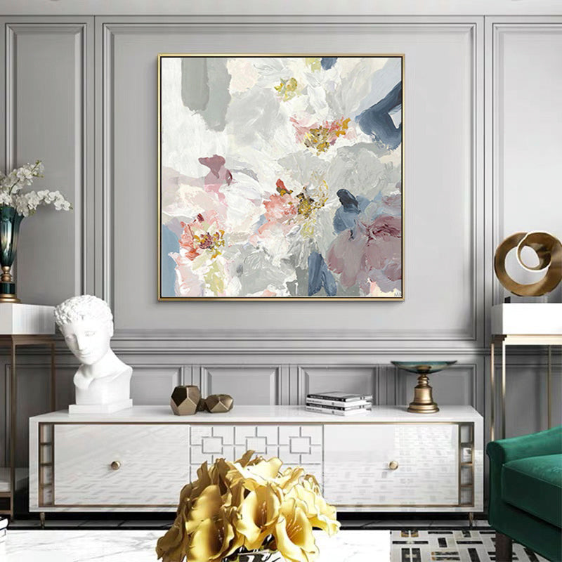 Elegant Floral Oil Painting with Soft Pastels and Bold Textures for Home Decor