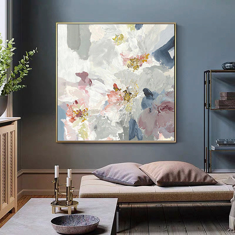Elegant Floral Oil Painting with Soft Pastels and Bold Textures for Home Decor