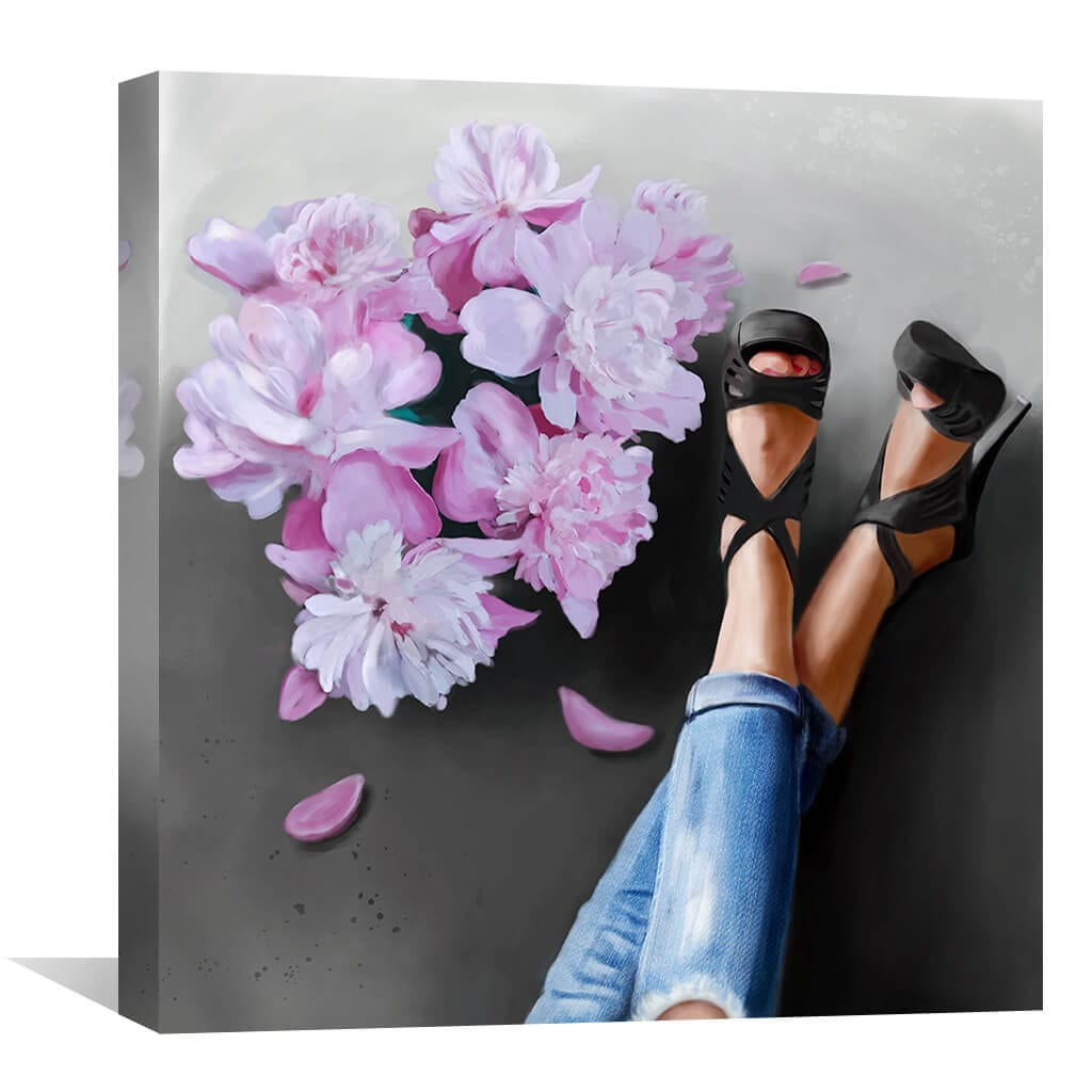 Elegant Heels Among Vibrant Flowers - Modern Oil Painting Home Décor