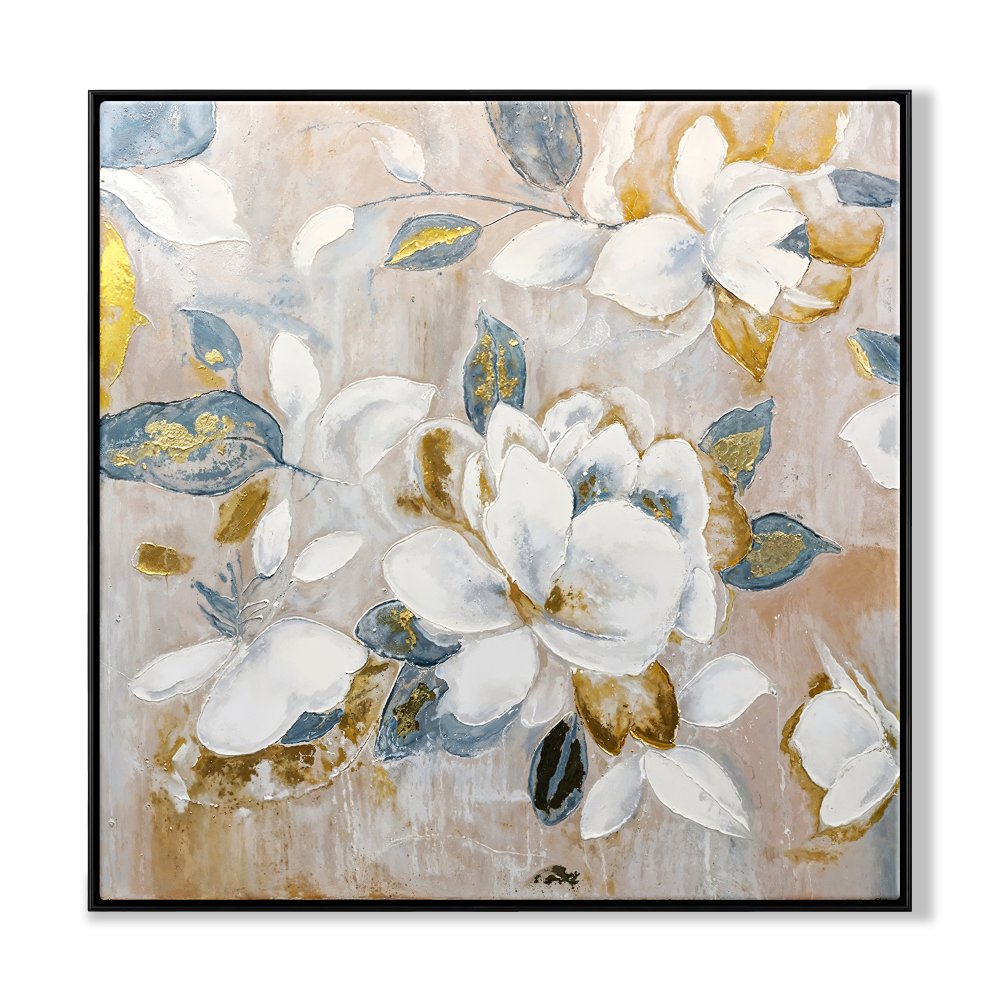 Elegant Floral Oil Painting: White Blooms with Golden Accents for Home Decor