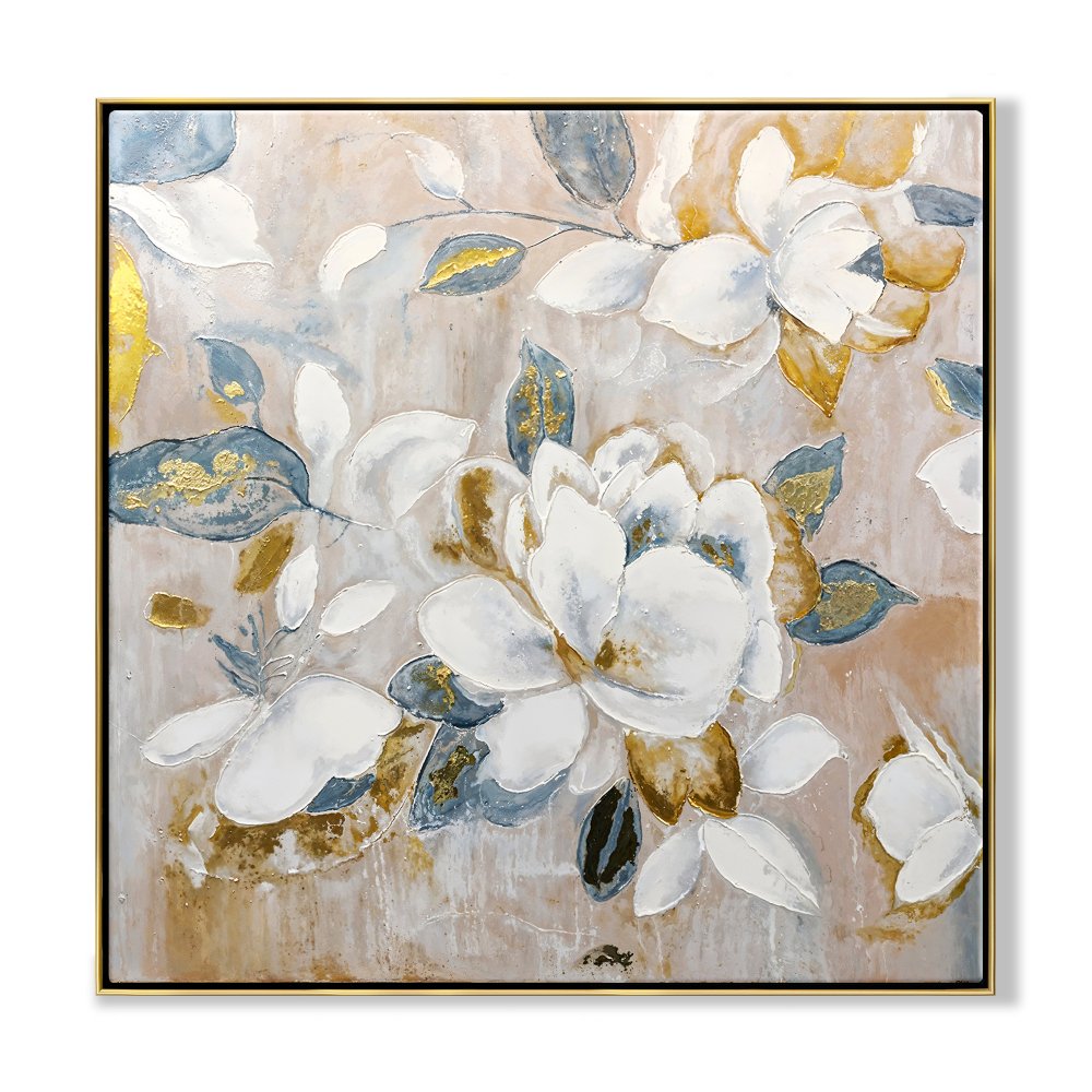 Elegant Floral Oil Painting: White Blooms with Golden Accents for Home Decor