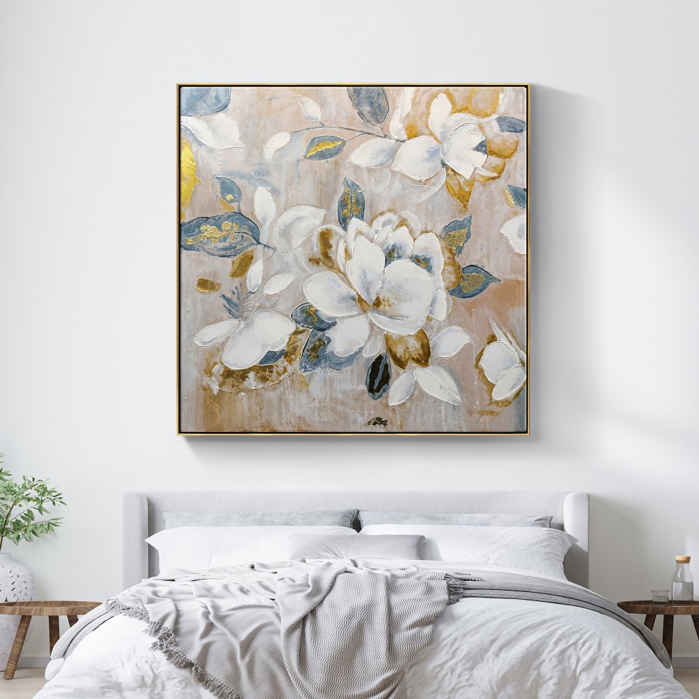 Elegant Floral Oil Painting: White Blooms with Golden Accents for Home Decor