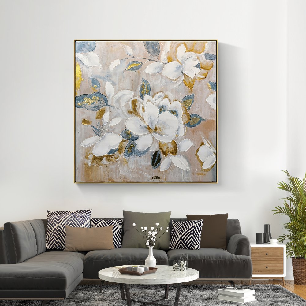 Elegant Floral Oil Painting: White Blooms with Golden Accents for Home Decor
