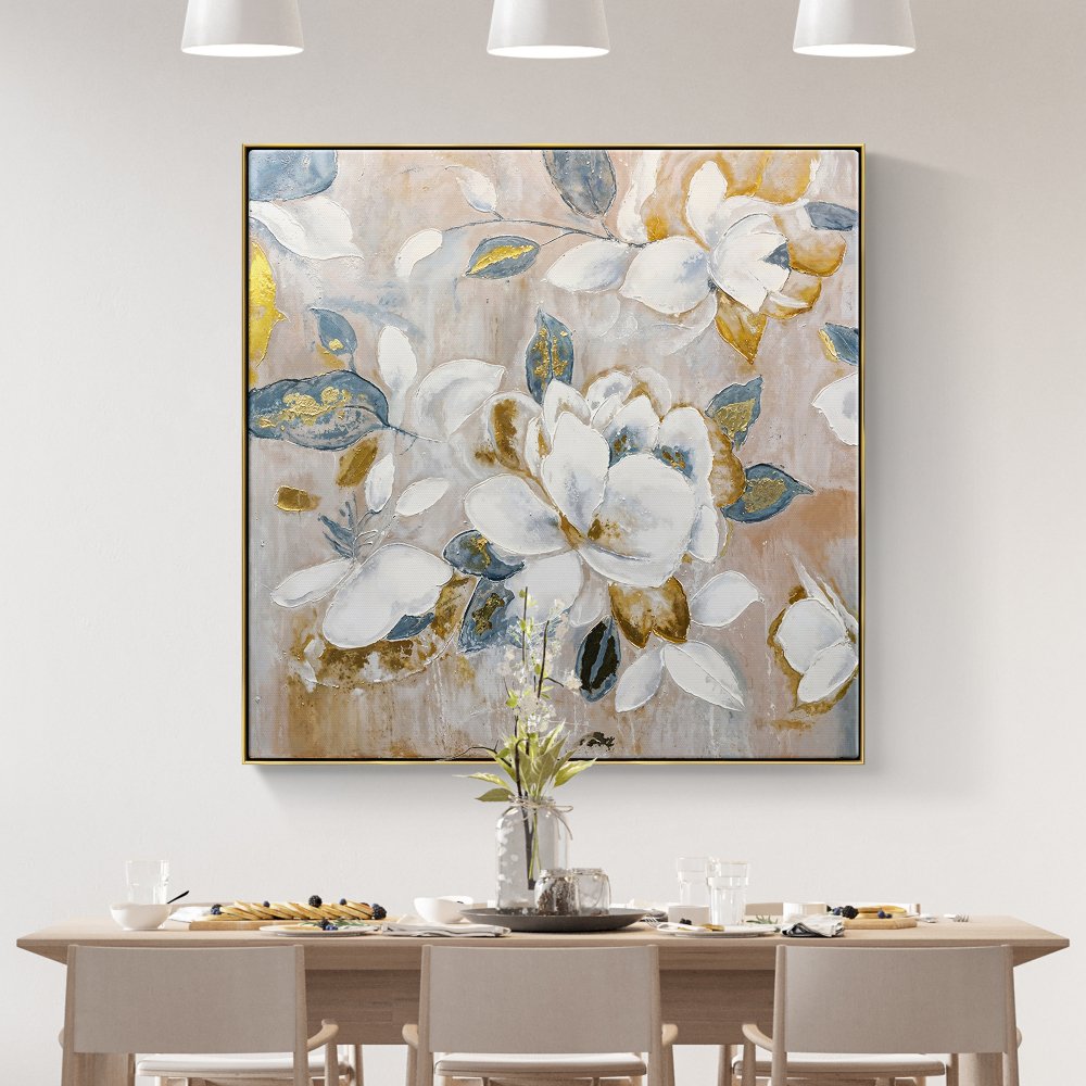 Elegant Floral Oil Painting: White Blooms with Golden Accents for Home Decor