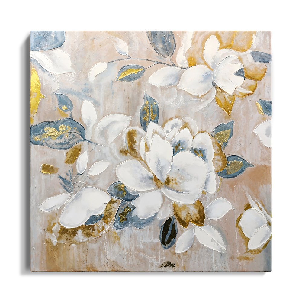 Elegant Floral Oil Painting: White Blooms with Golden Accents for Home Decor