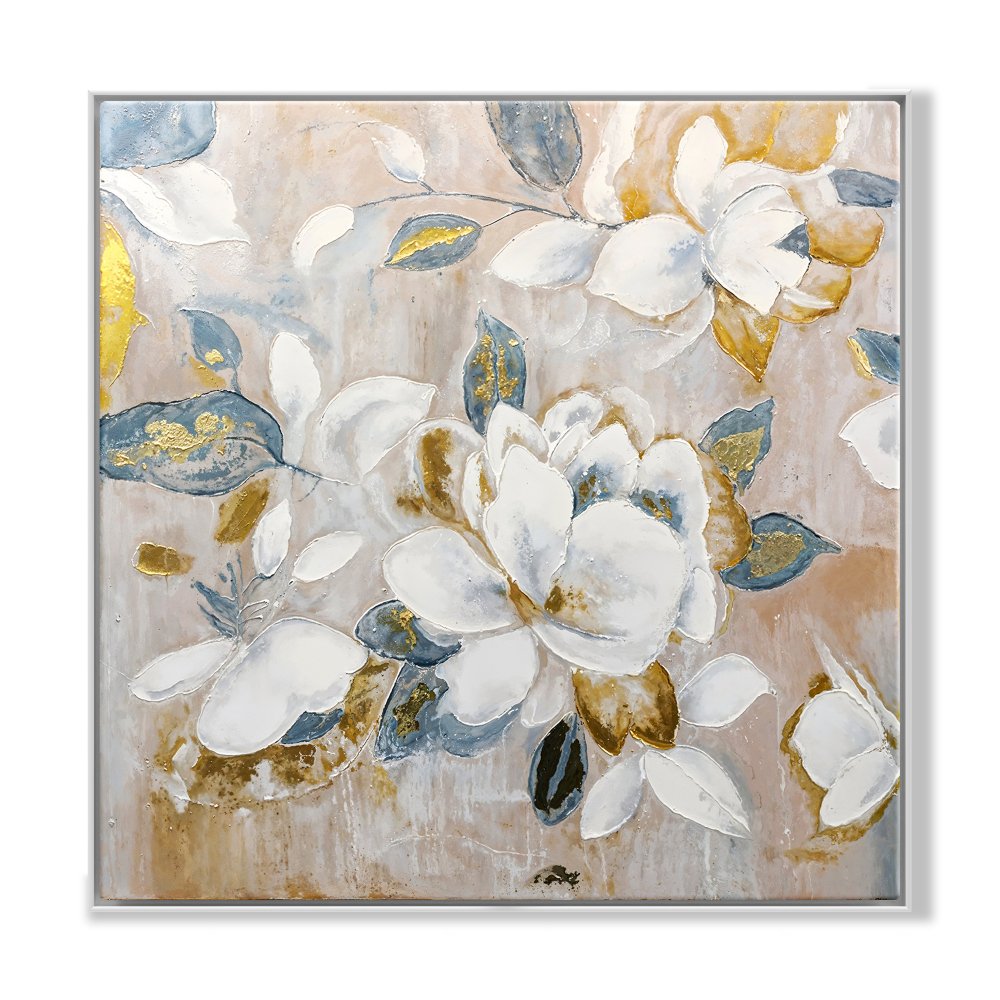 Elegant Floral Oil Painting: White Blooms with Golden Accents for Home Decor