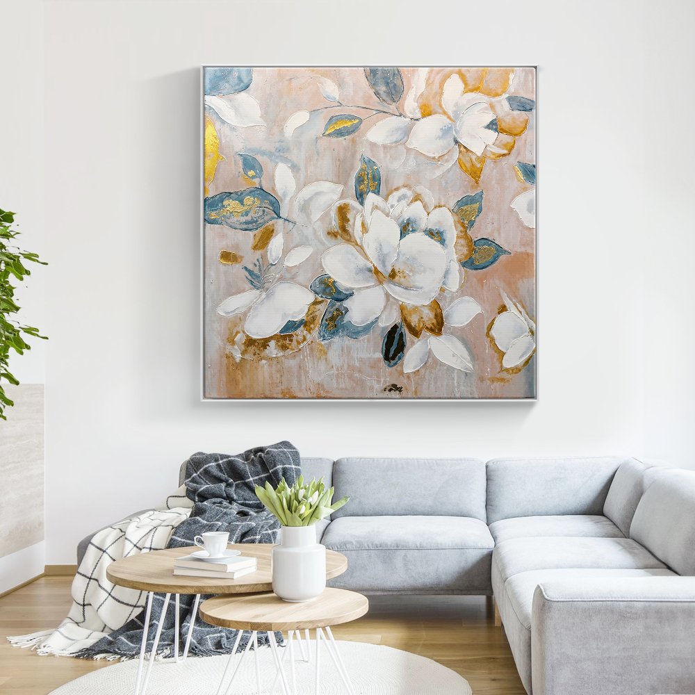Elegant Floral Oil Painting: White Blooms with Golden Accents for Home Decor