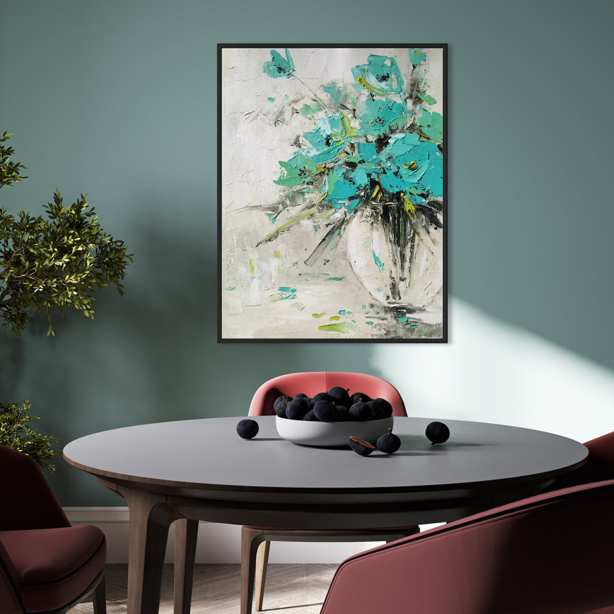 Vibrant Floral Still Life in Aqua and Cream Oil Painting for Home Decoration