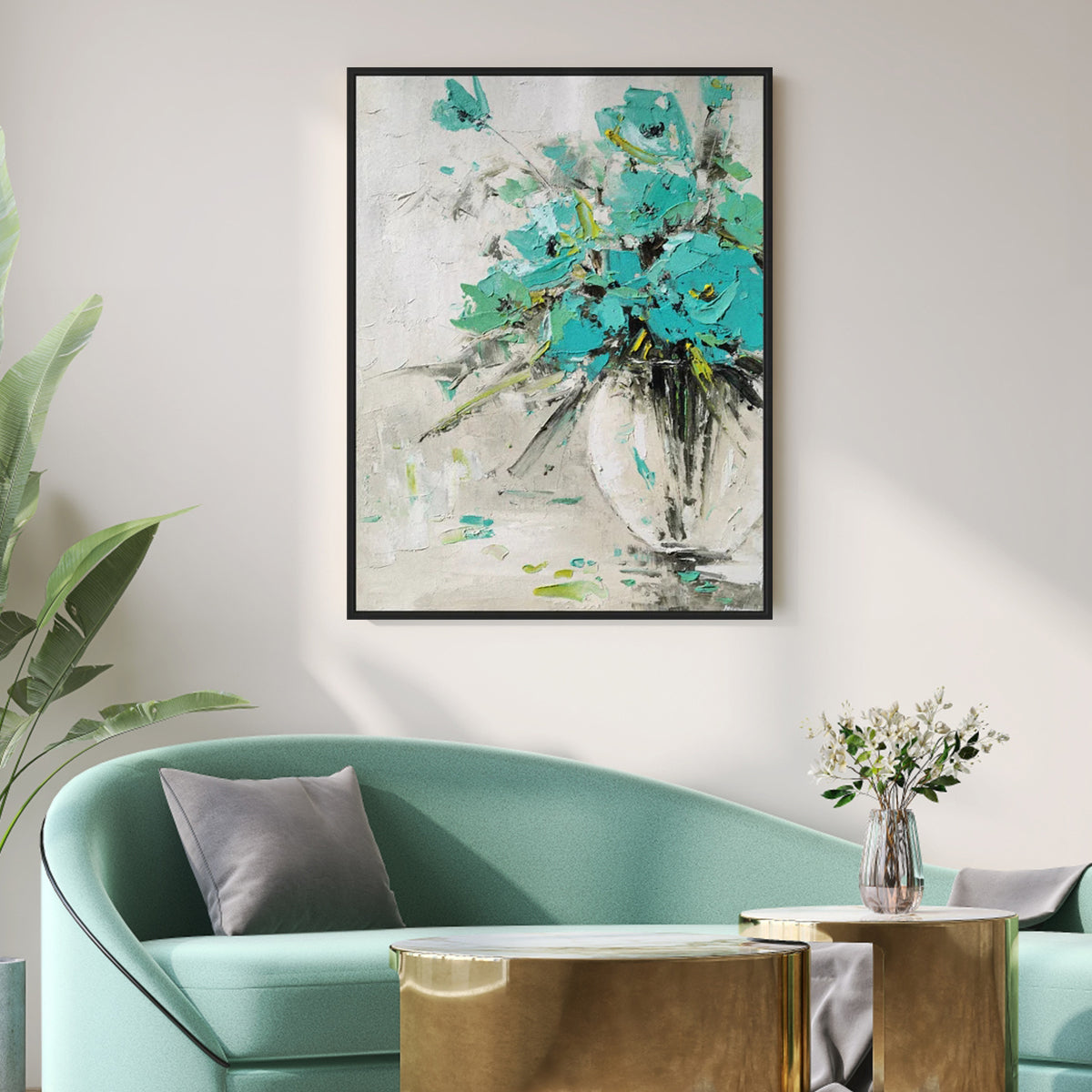 Vibrant Floral Still Life in Aqua and Cream Oil Painting for Home Decoration