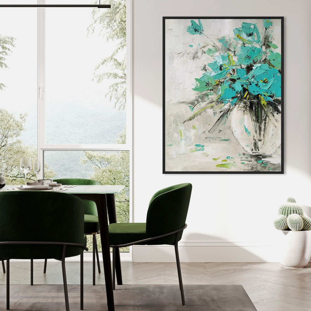Vibrant Floral Still Life in Aqua and Cream Oil Painting for Home Decoration