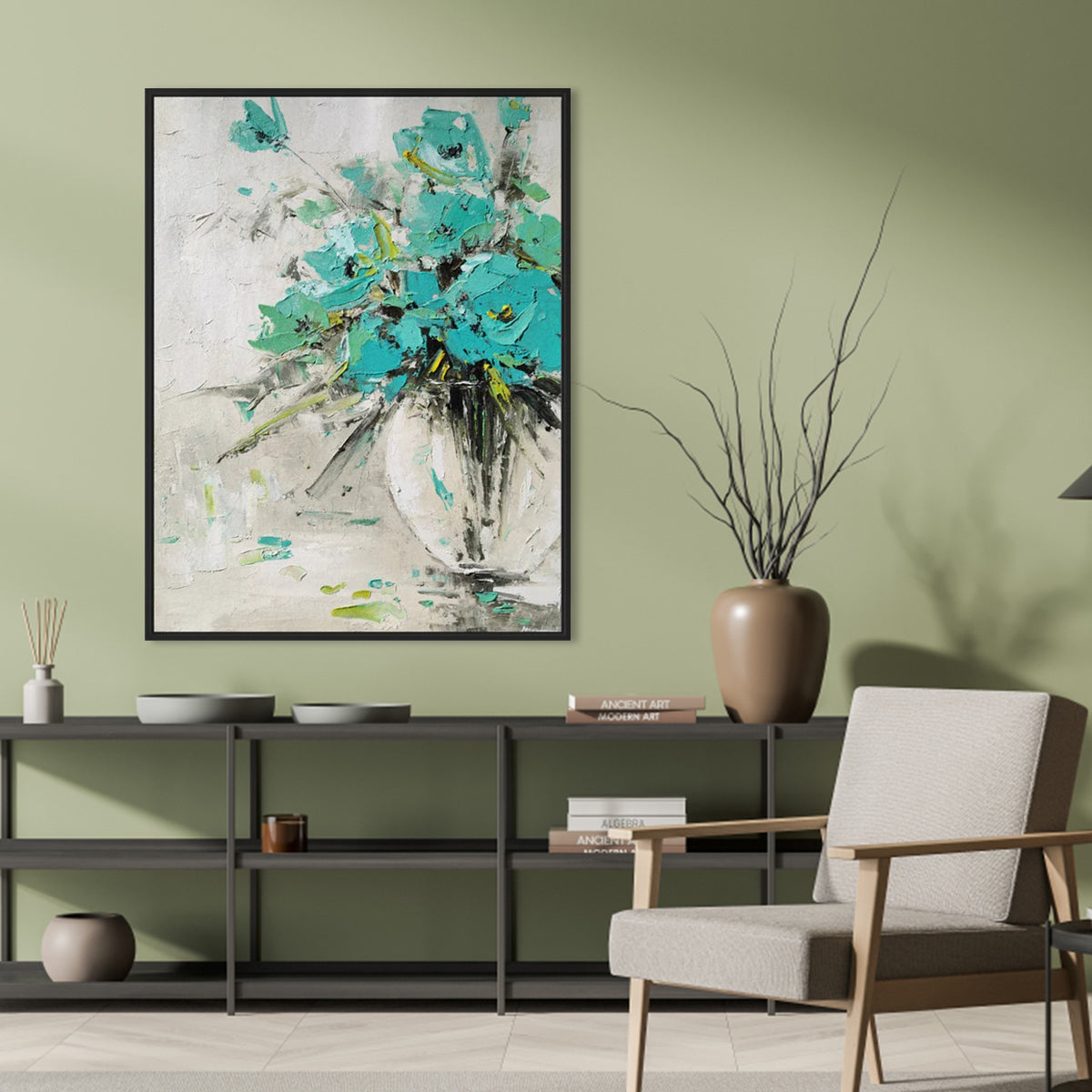 Vibrant Floral Still Life in Aqua and Cream Oil Painting for Home Decoration