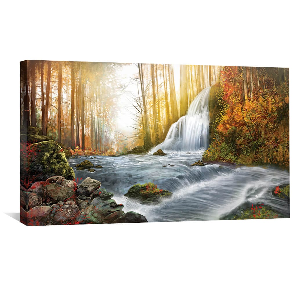 Tranquil Forest River Oil Painting with Waterfall and Autumn Colors