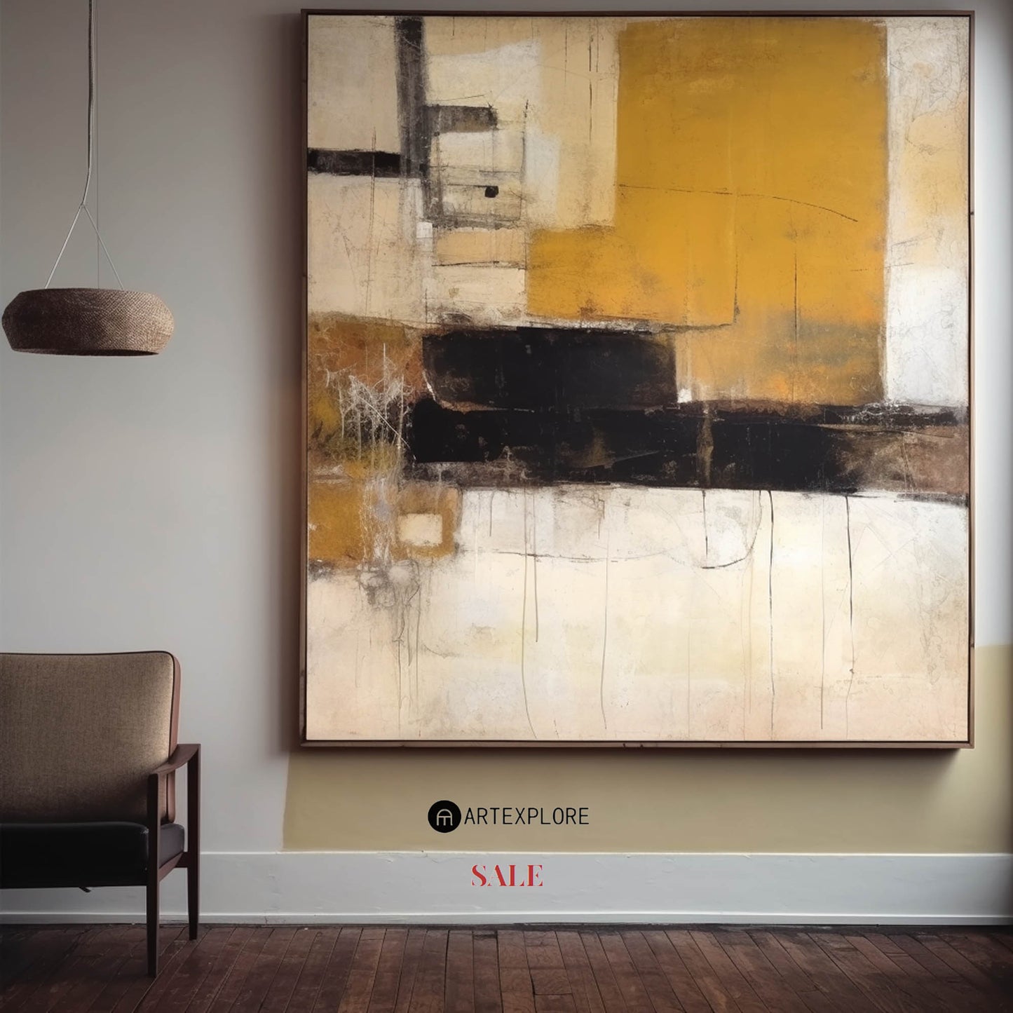 Chic Yellow and Black Modern Abstract Oil Painting for Contemporary Home Decor