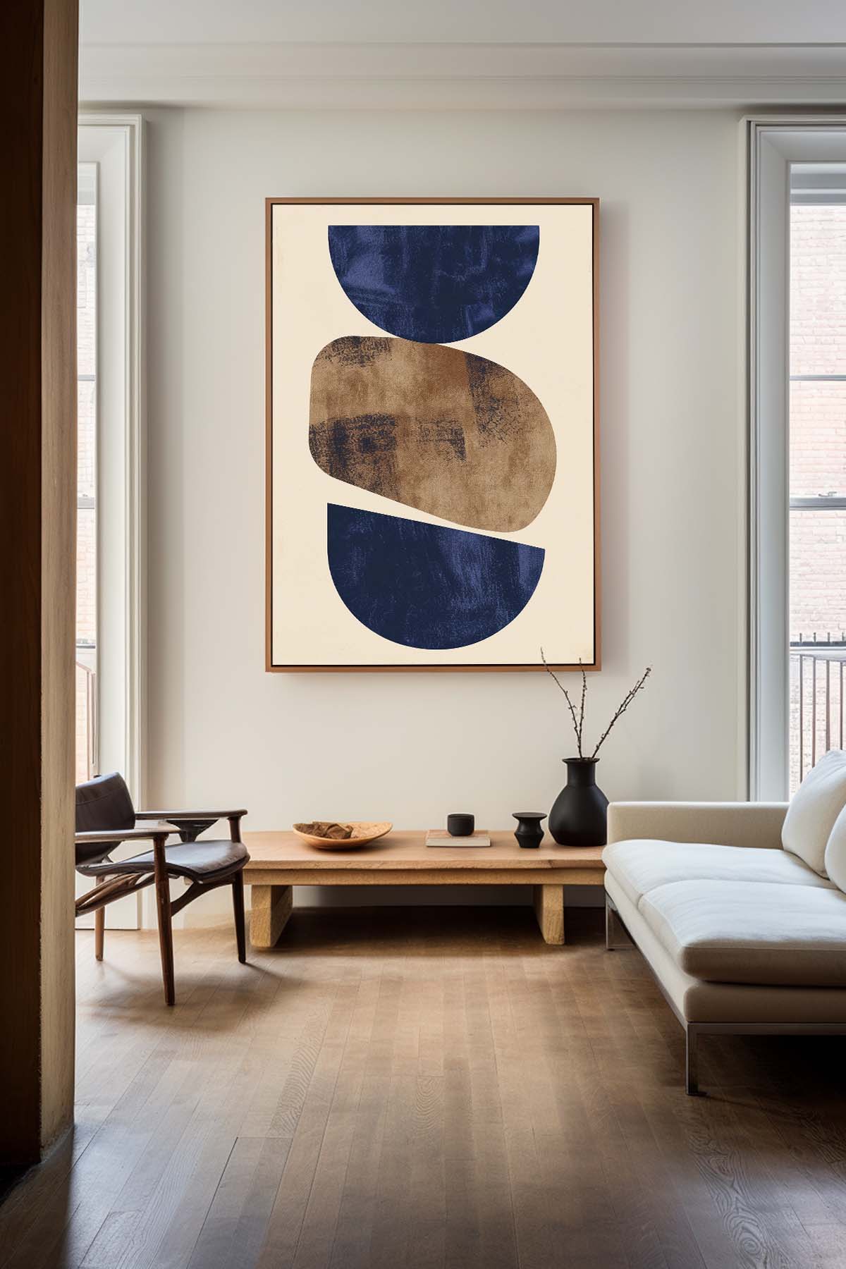 Navy and Gold Geometric Abstract Oil Painting for Modern Home Decor
