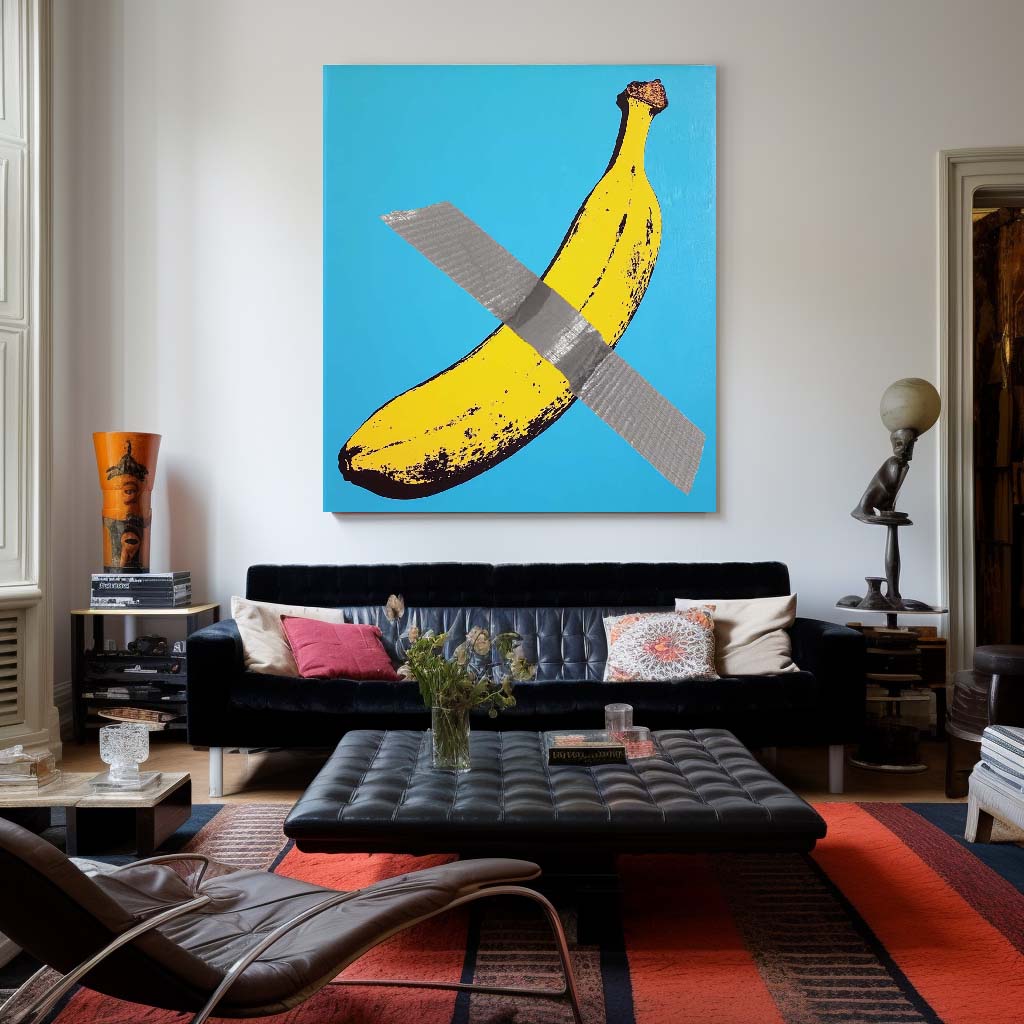 Colorful Banana Abstract Artwork with Tape on Vibrant Blue Canvas